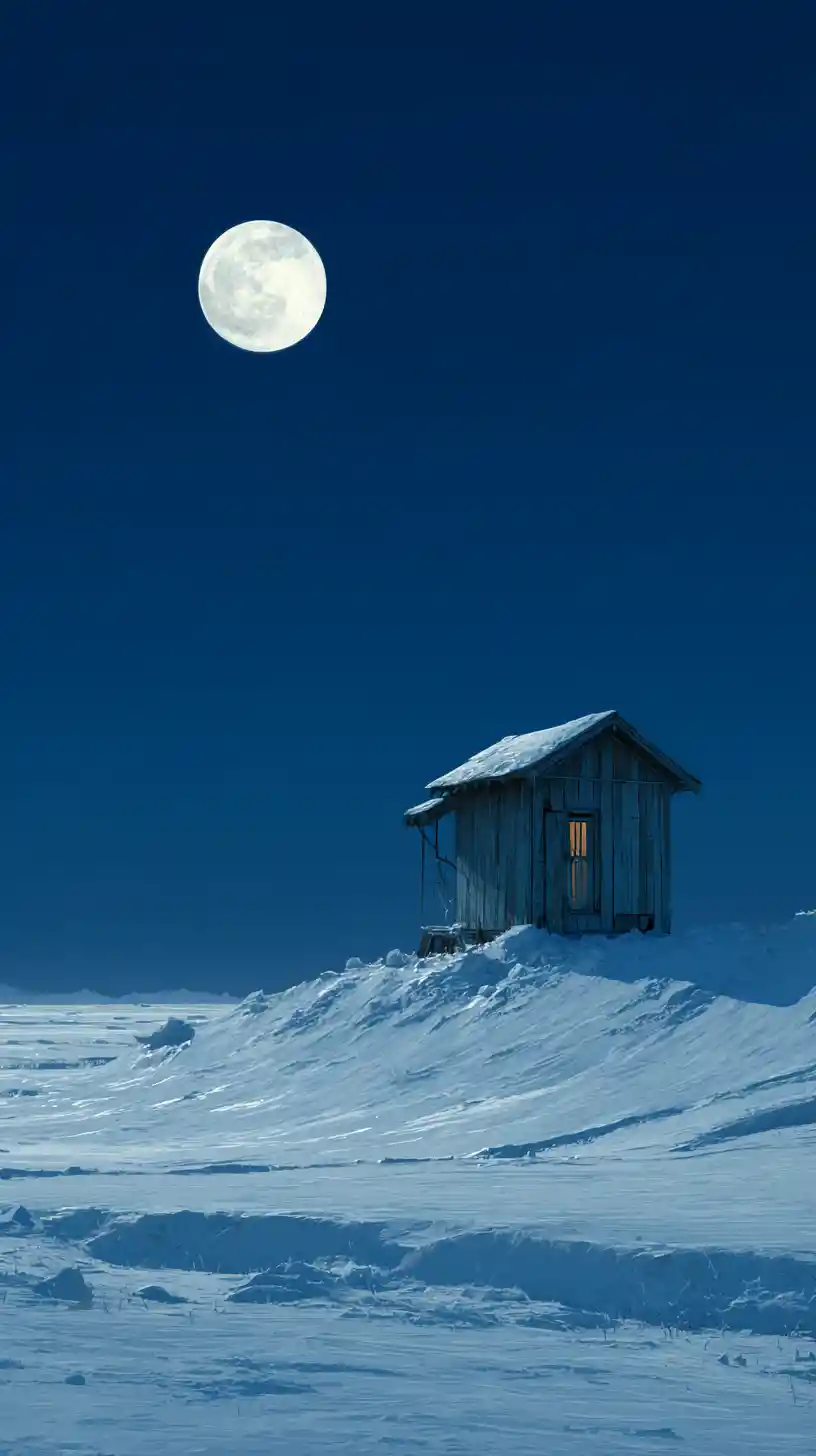 Casa de madeira solitária em uma colina nevada sob a lua cheia