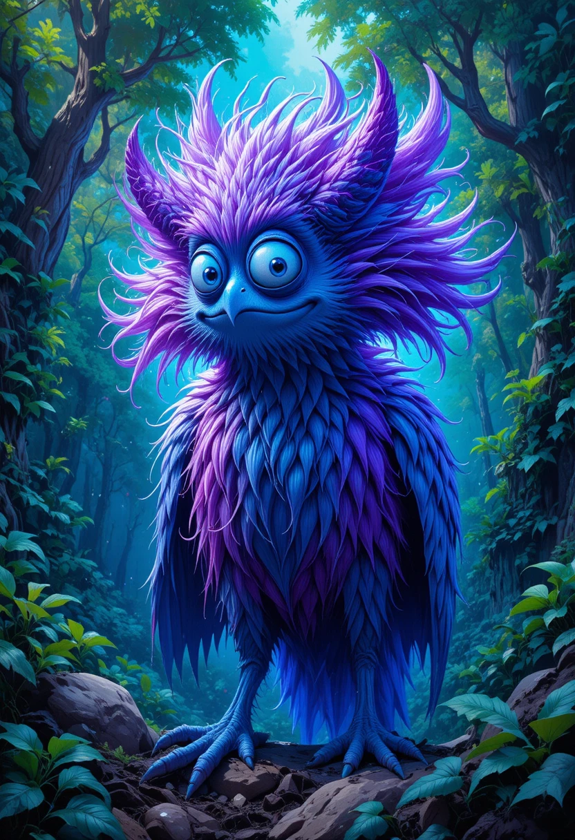 朝向觀者傾身的俏皮霓虹奇幻鳥
