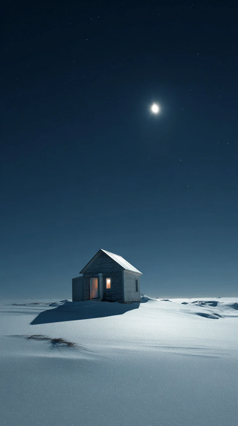 Casa de Madeira Solitária em Colina Nevada sob a Lua Cheia