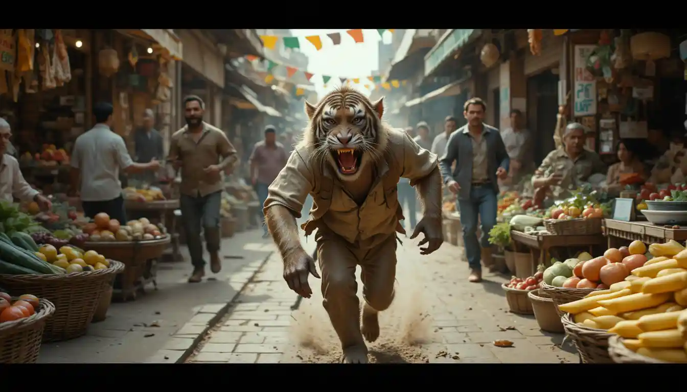 Mischievous monkey racing through a crowded street market