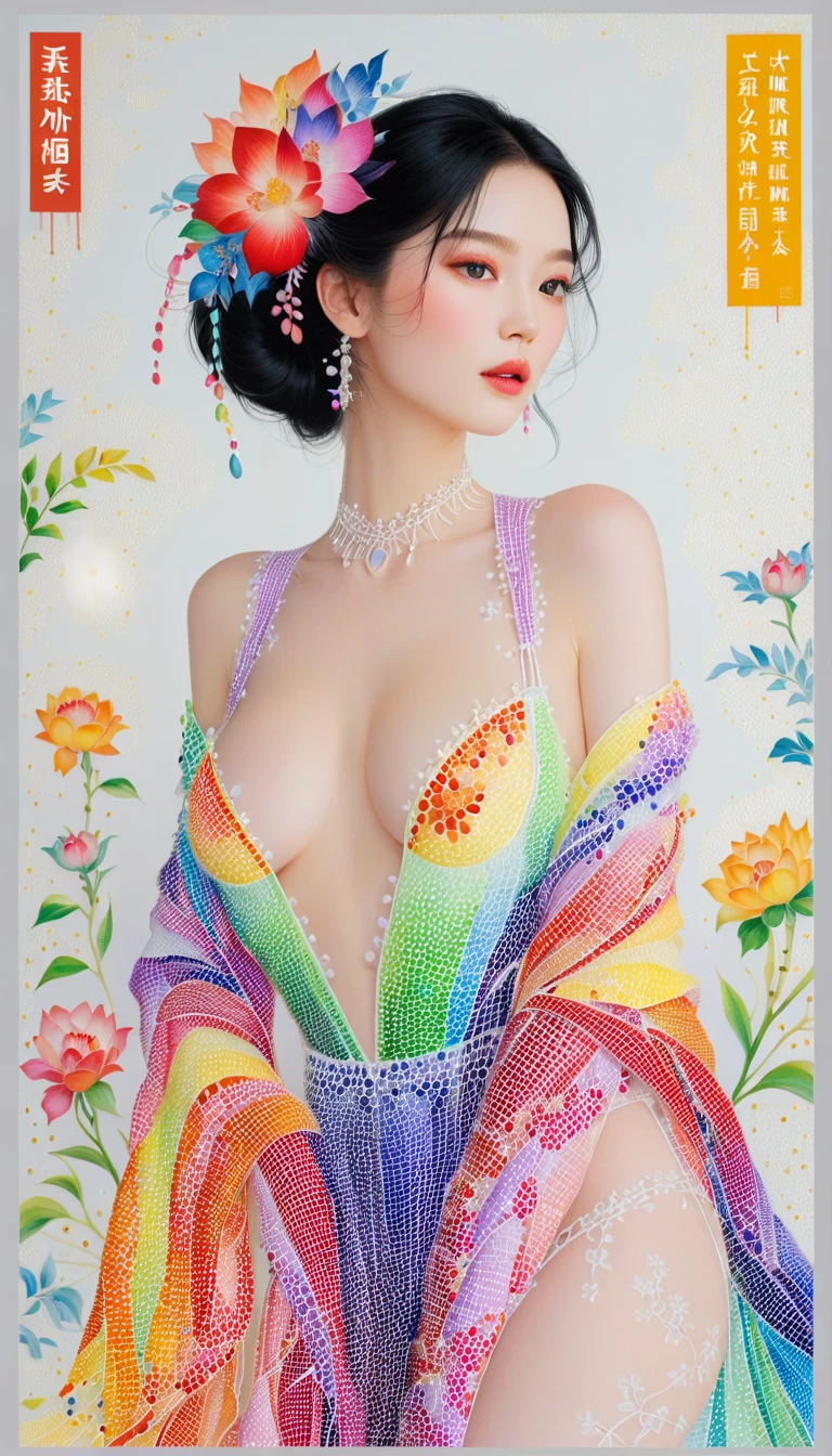 Pointillist rainbow portrait of an Asian woman with cleavage