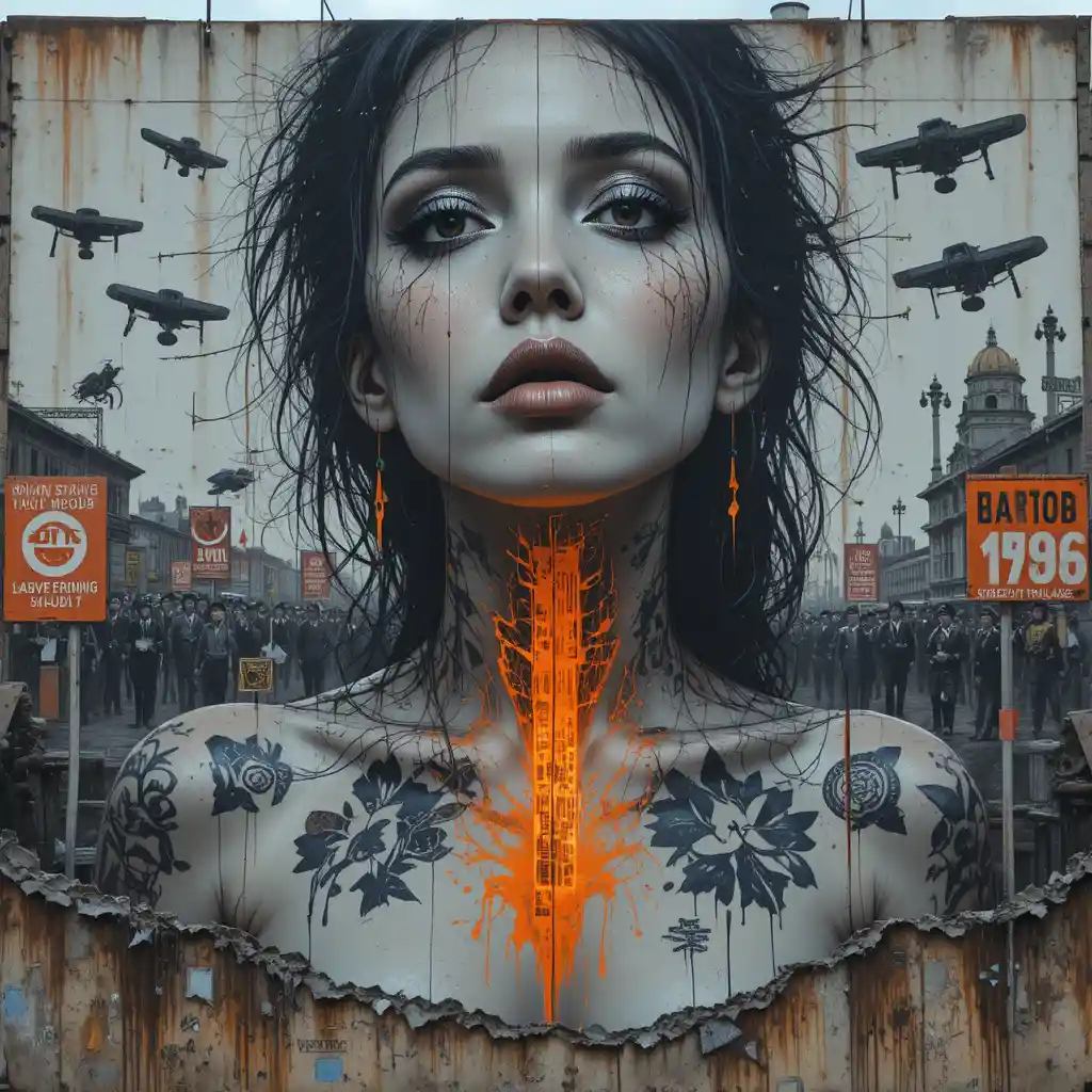 Dystopian mural portrait of a woman on shattered floodwall