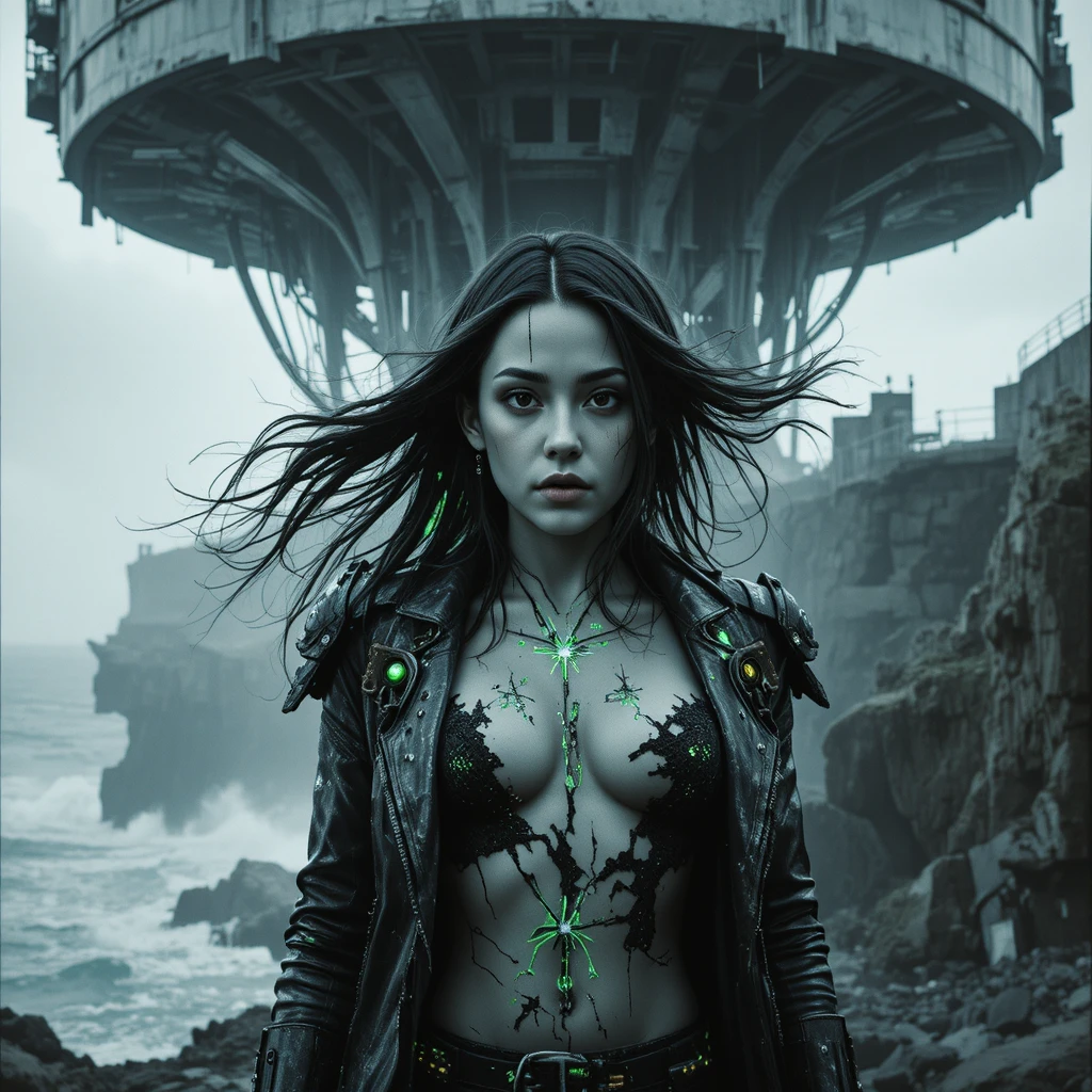 Cyberpunk heroine beneath ruined radar on stormy sea cliffs