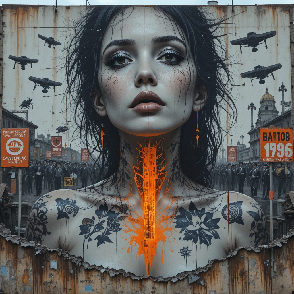 Dystopian mural portrait of a woman on shattered floodwall