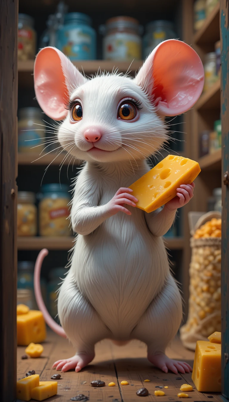 Dolce topolino bianco con un pezzo di formaggio in una dispensa colorata