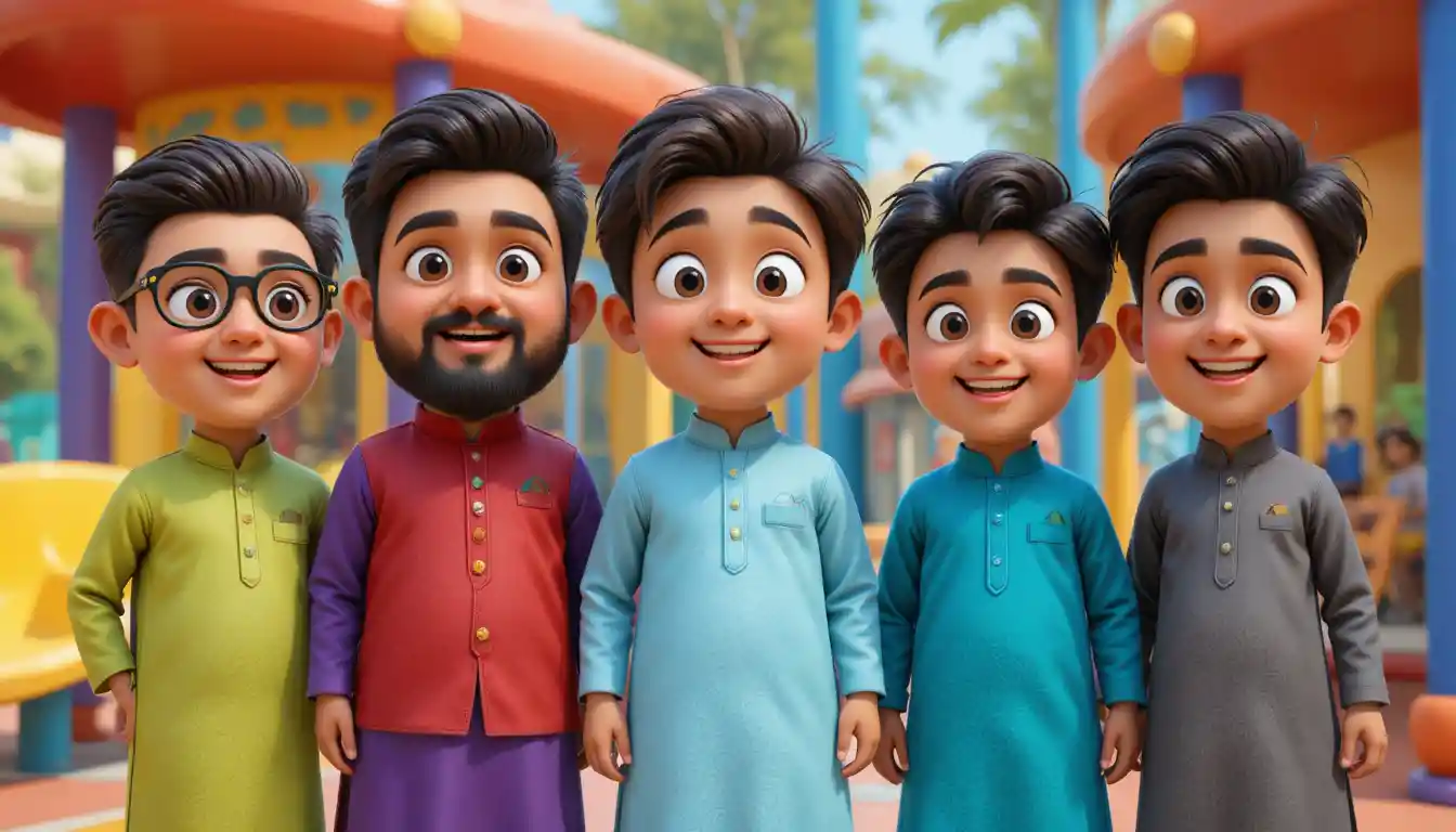 Five cartoon boys standing together in a bright playground