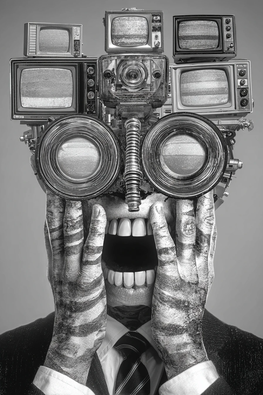 Retrato surreal em preto e branco de uma figura com rosto de pé