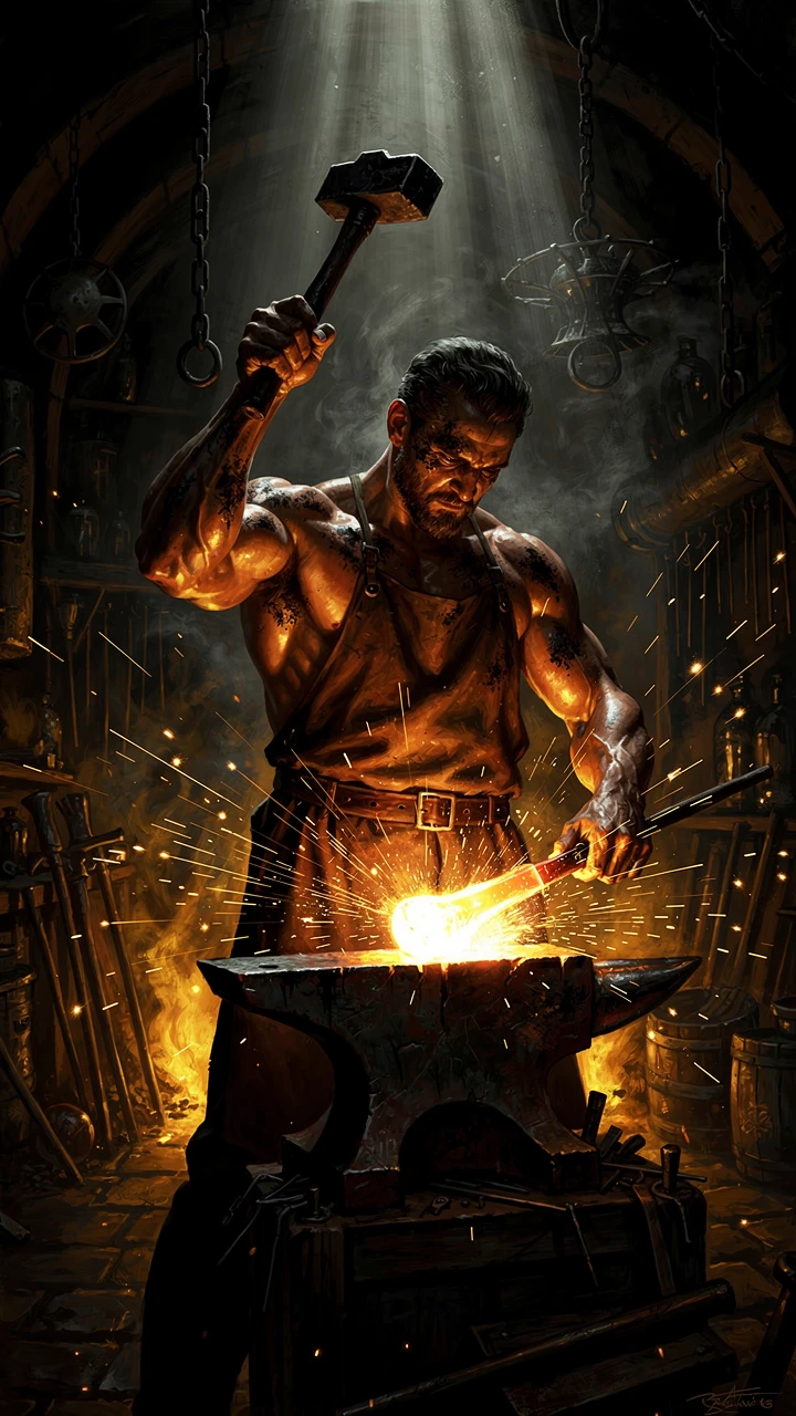 Einsamer Schmied, der Metall in einer dramatischen Werkstatt schmiedet