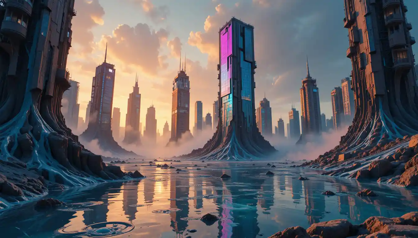 Paysage urbain surréaliste de gratte-ciel fondants sous une lumière dorée