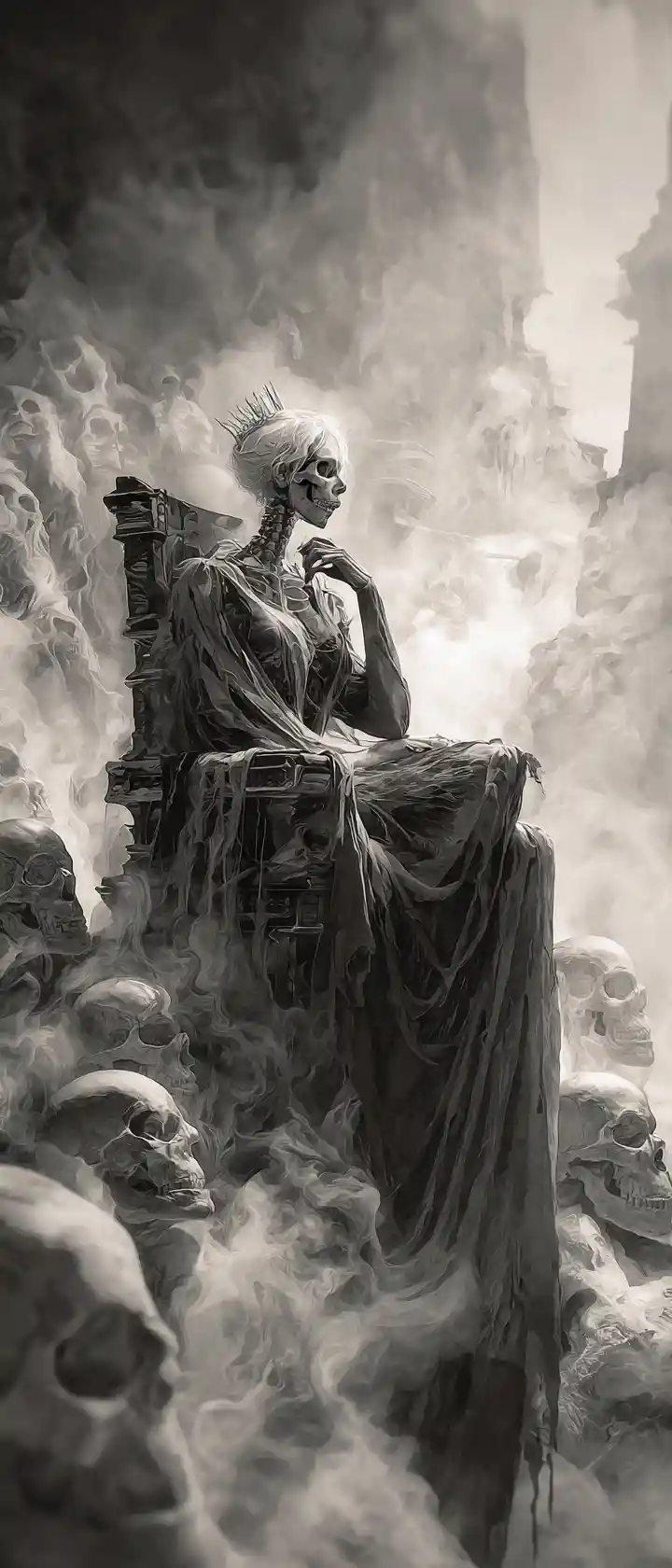 Skeletal queen on a crumbling obsidian throne in ruins