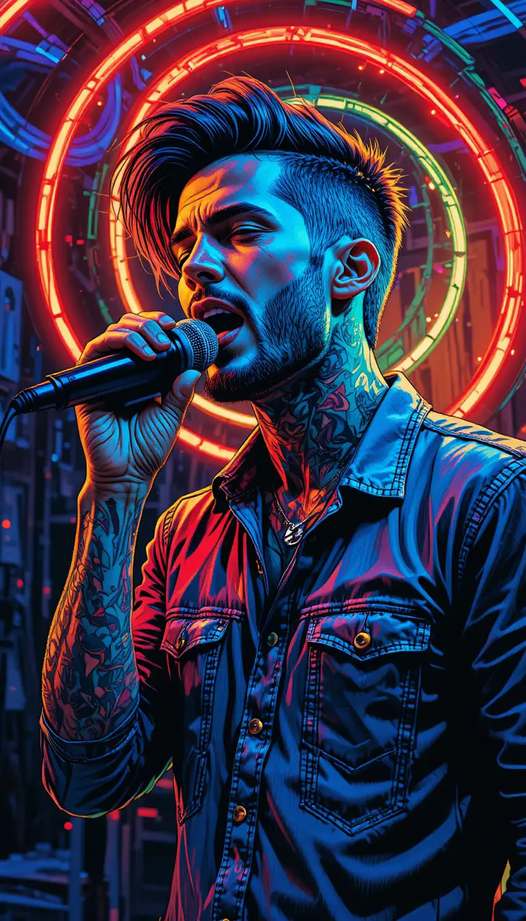 Pop art singer with neon hair lines on dark stage
