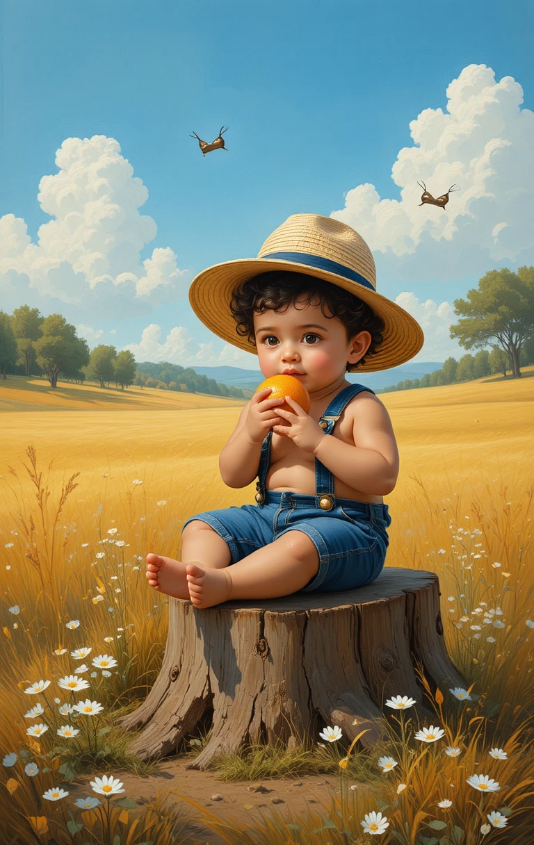 Little boy on tree stump in golden summer field