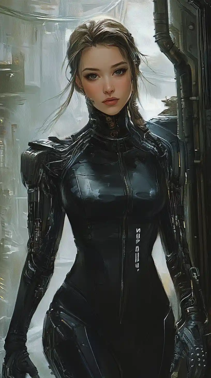Donna cyborg cyberpunk con tuta esoscheletro in ambiente industriale