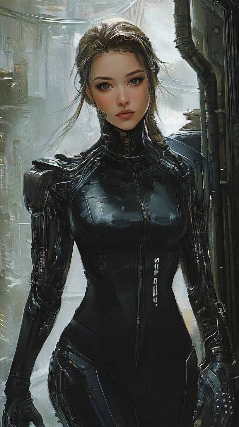 Donna cyborg cyberpunk con tuta esoscheletro in ambiente industriale