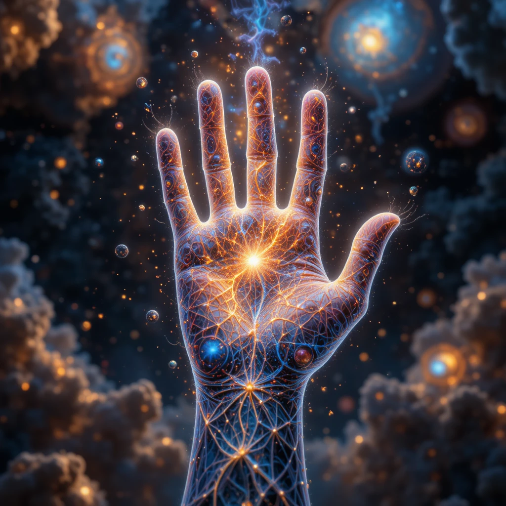 Leuchtende fraktale kosmische Hand, die ein lebendiges Universum formt