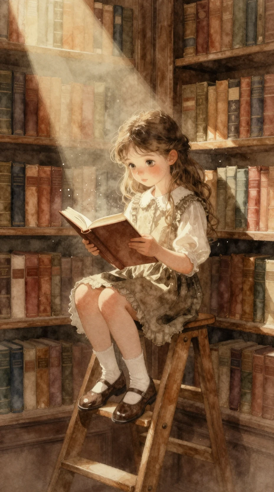 Menina jovem lendo em uma escada de madeira em uma biblioteca banhada de sol