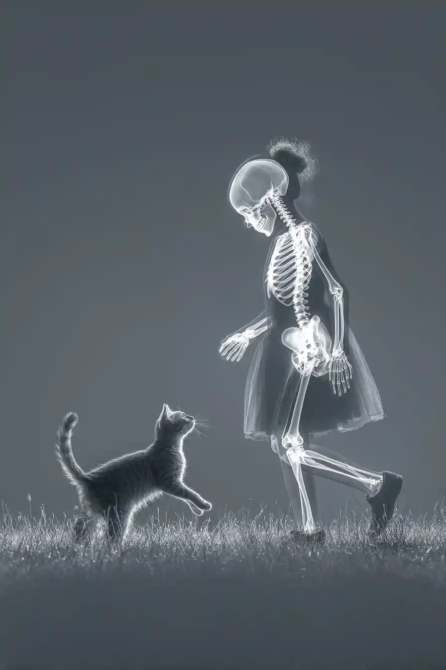 Arte a raggi X di bambina e gatto nel prato