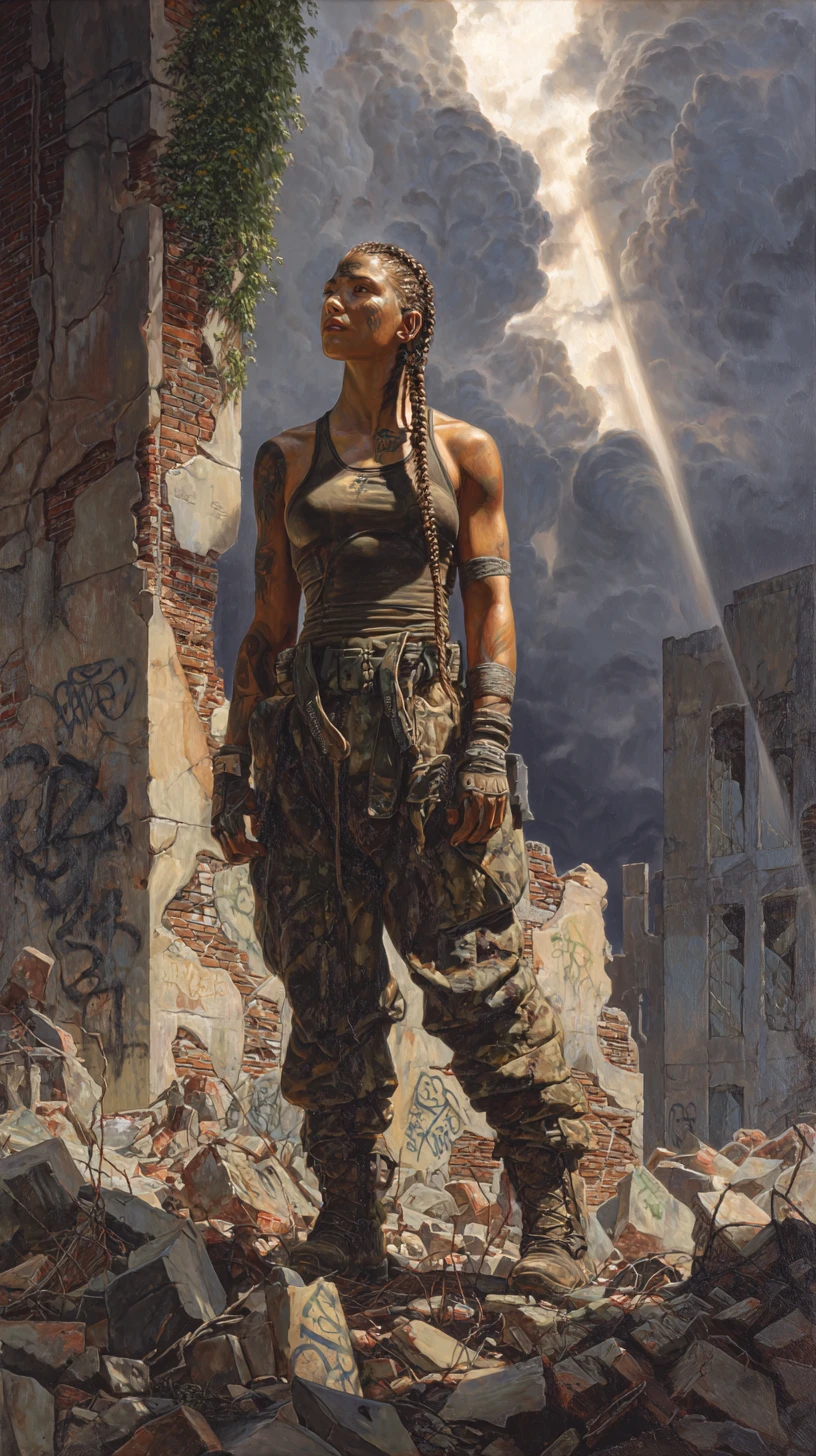 Guerreira indígena em paisagem urbana arruinada – pintura a óleo