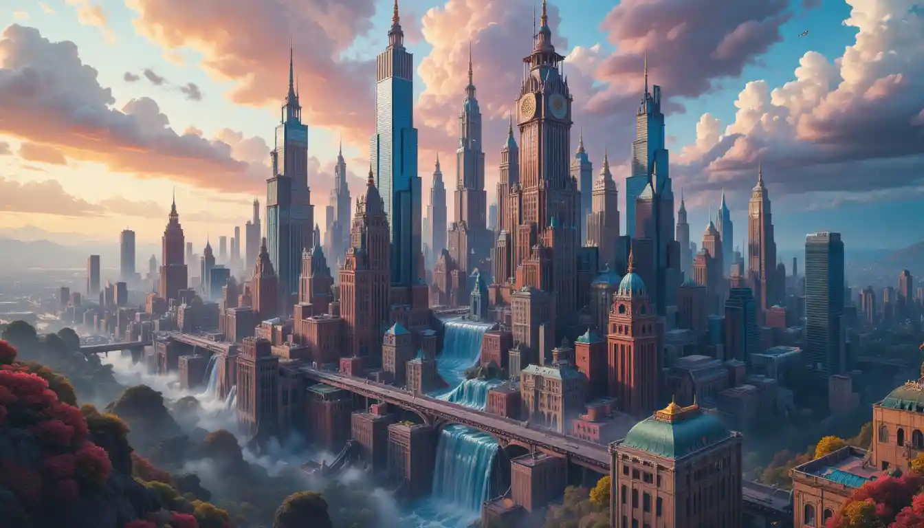 Paysage urbain surréaliste avec gratte-ciel fondus et architecture fluide