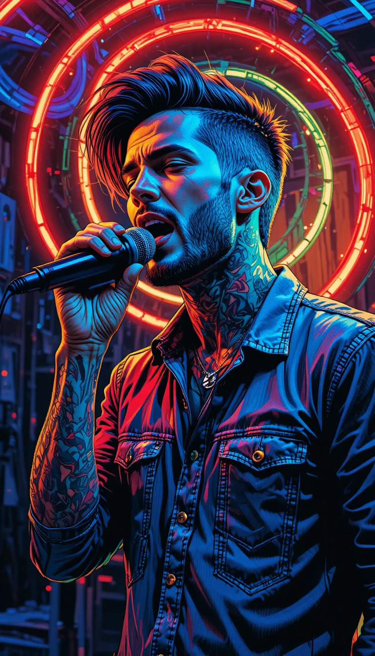 Pop art singer with neon hair lines on dark stage