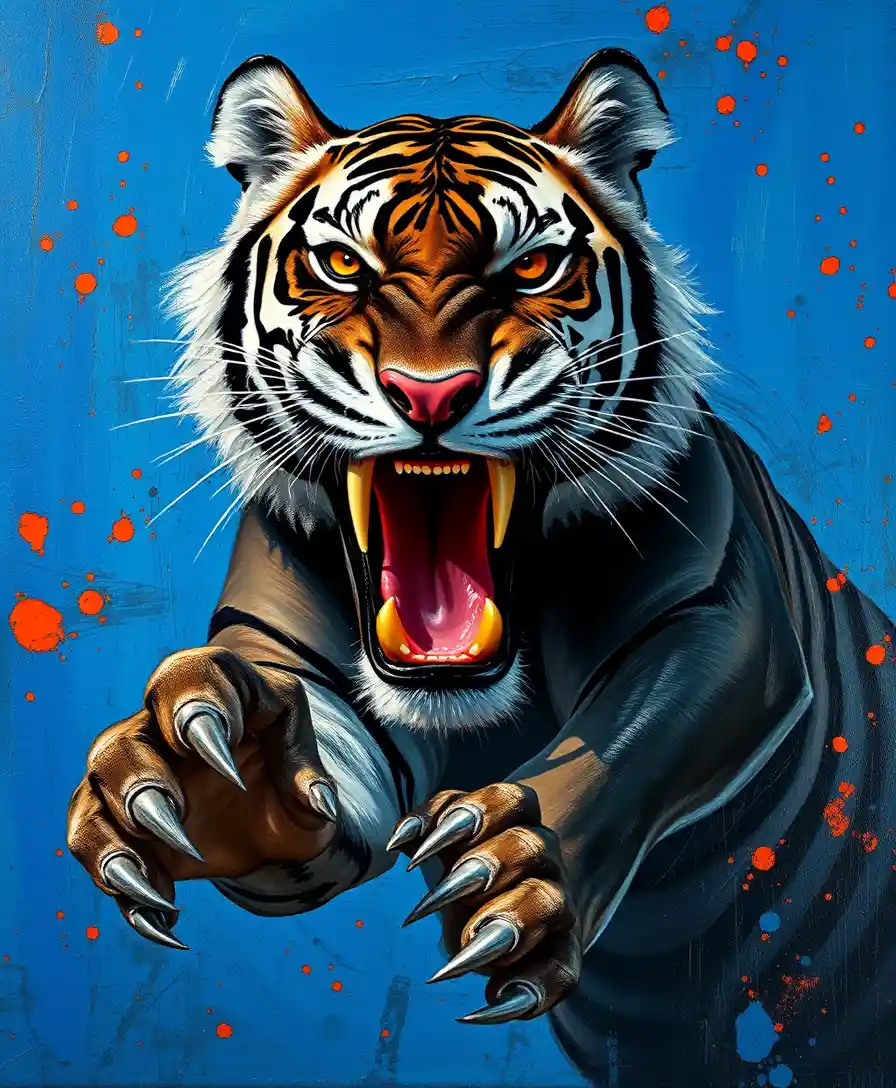 Wilde schwarze Tigerkatze vor leuchtend blauem abstraktem Hintergrund im Sprung