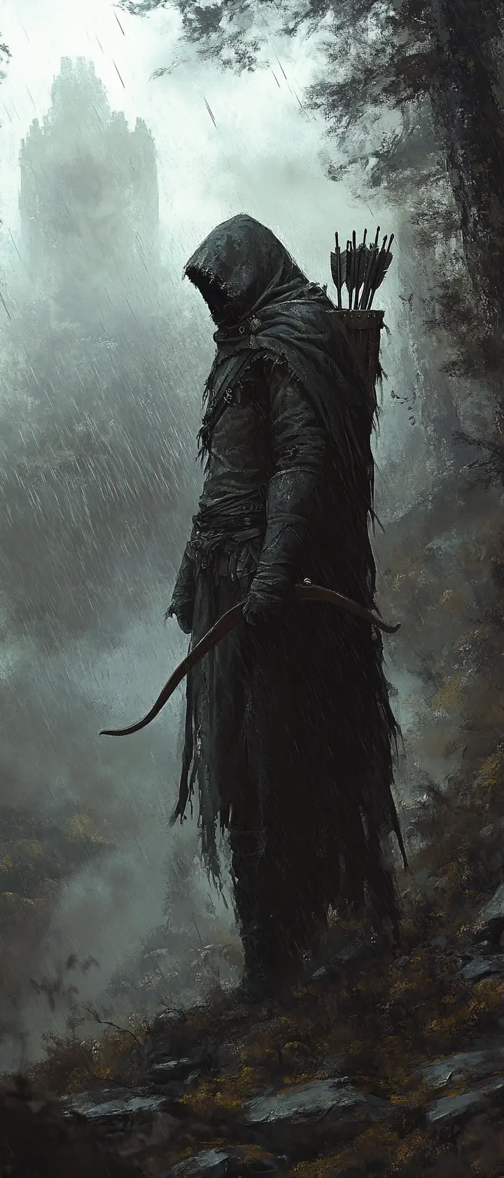 Archer solitaire au bord d’une forêt ancienne trempée de pluie