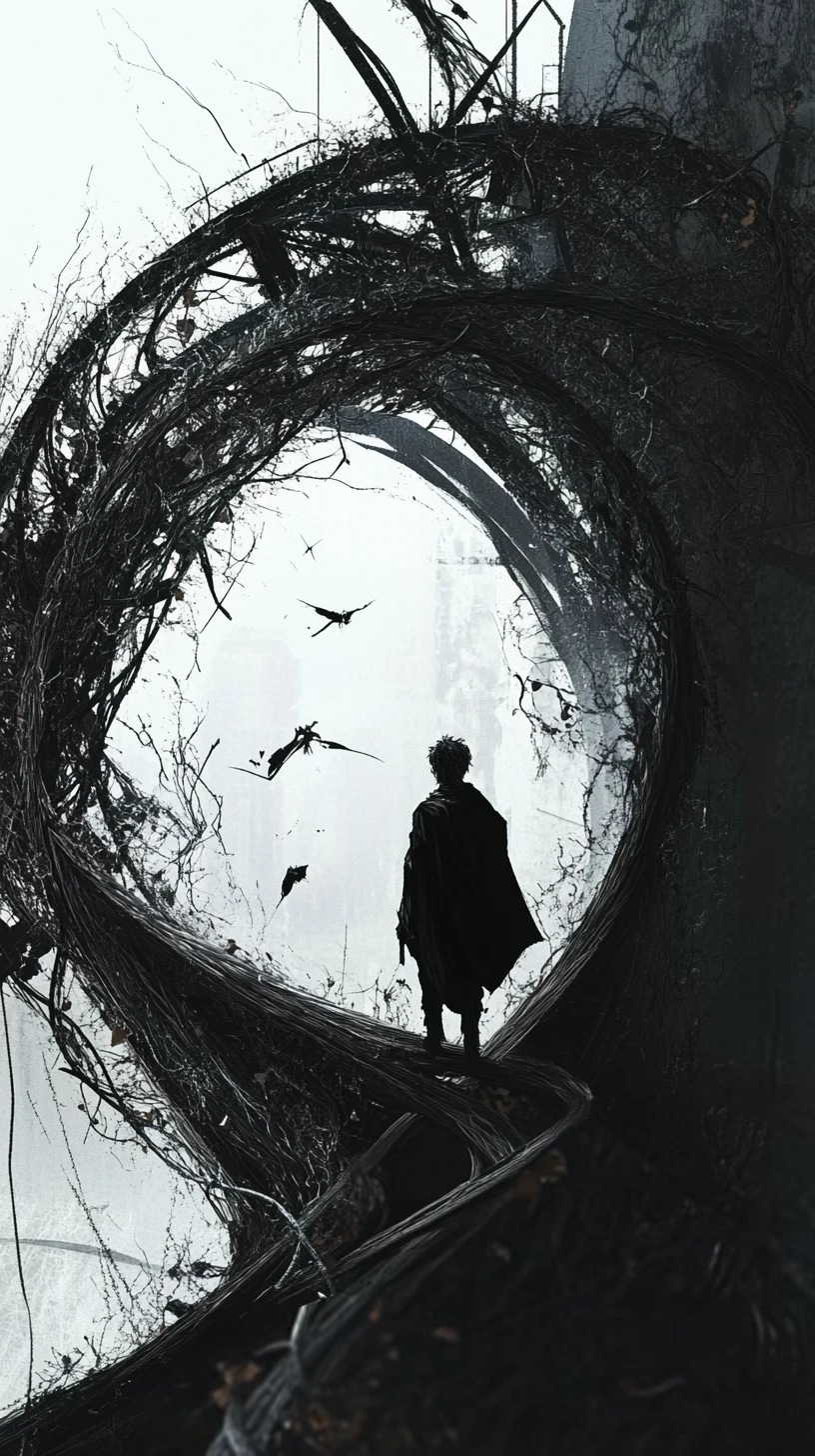 Surreal mirrored figure twisting through a looping realm