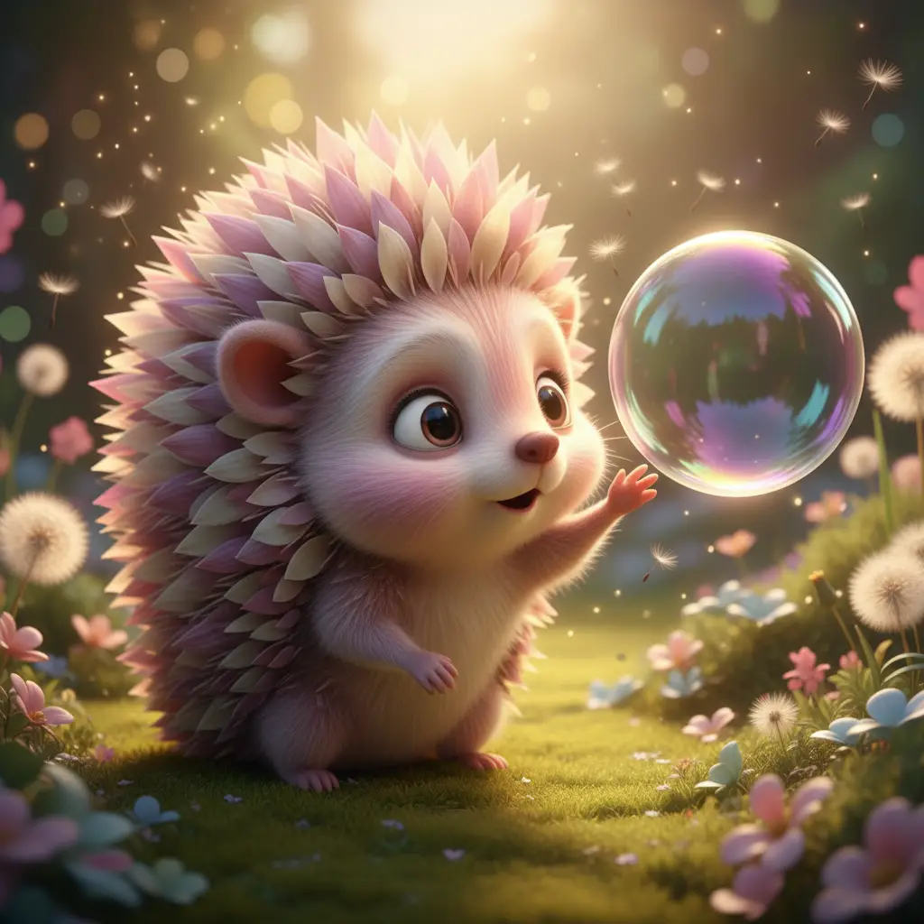 Baby porcupine touching a pastel soap bubble in garden