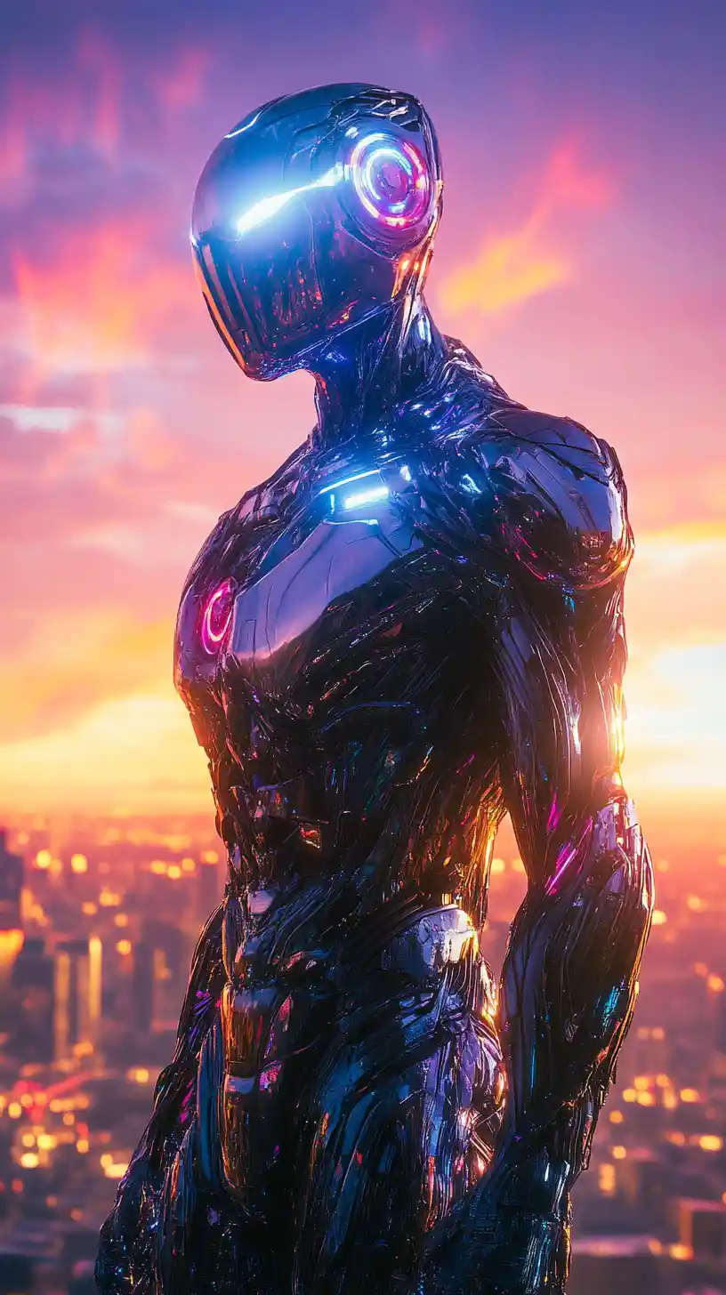 Futuristischer Superheld im Metallanzug über leuchtender Sonnenuntergangs-Stadt