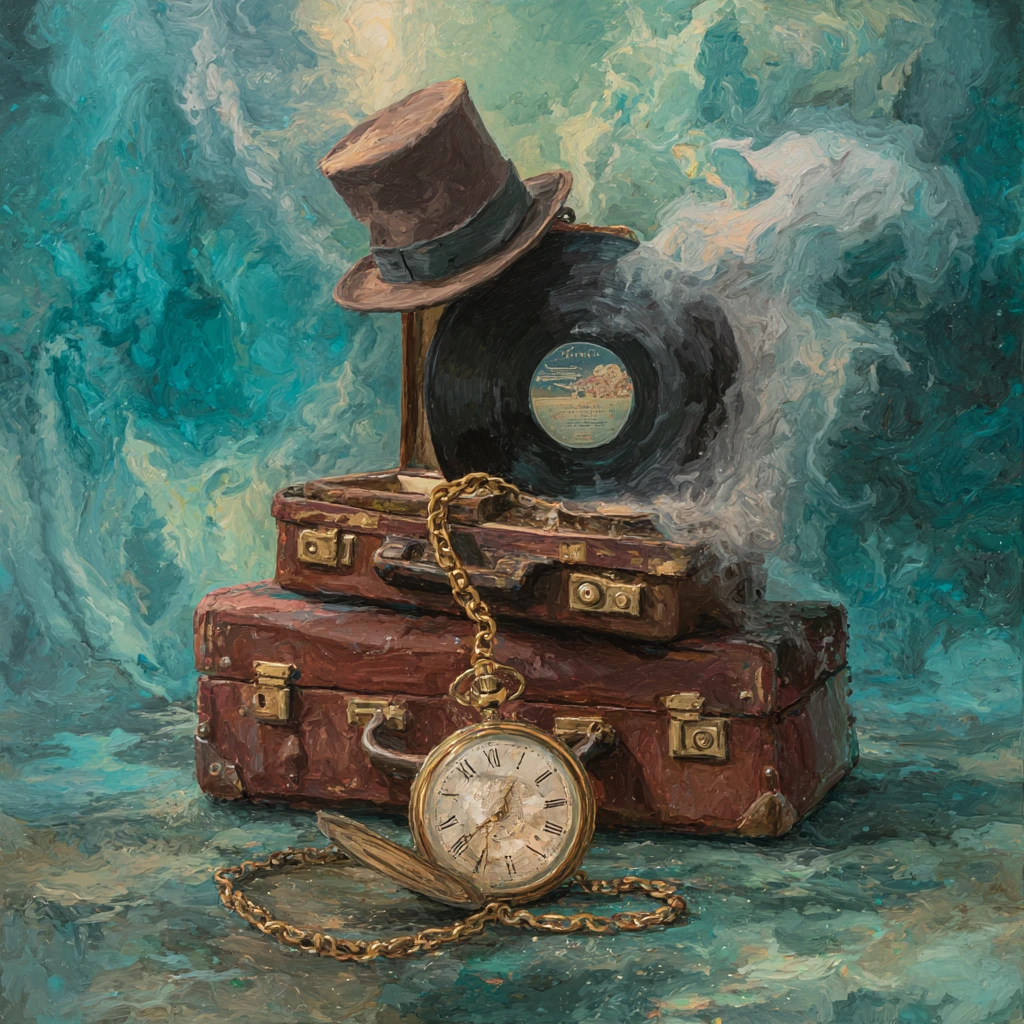 Nature morte surréaliste avec valise vintage et montre de poche