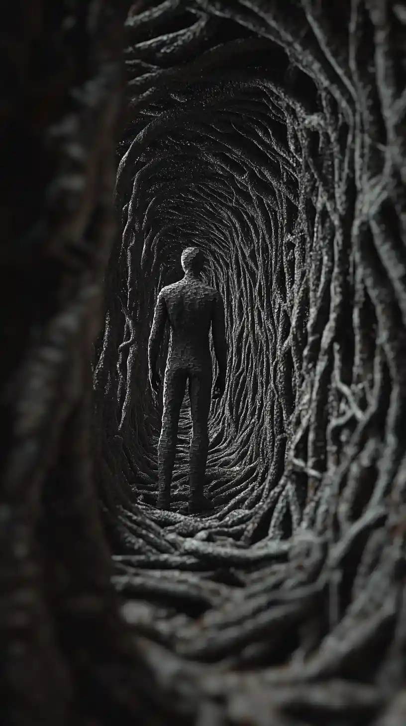 Surreal elongated figure emerging from a twisted mirror realm