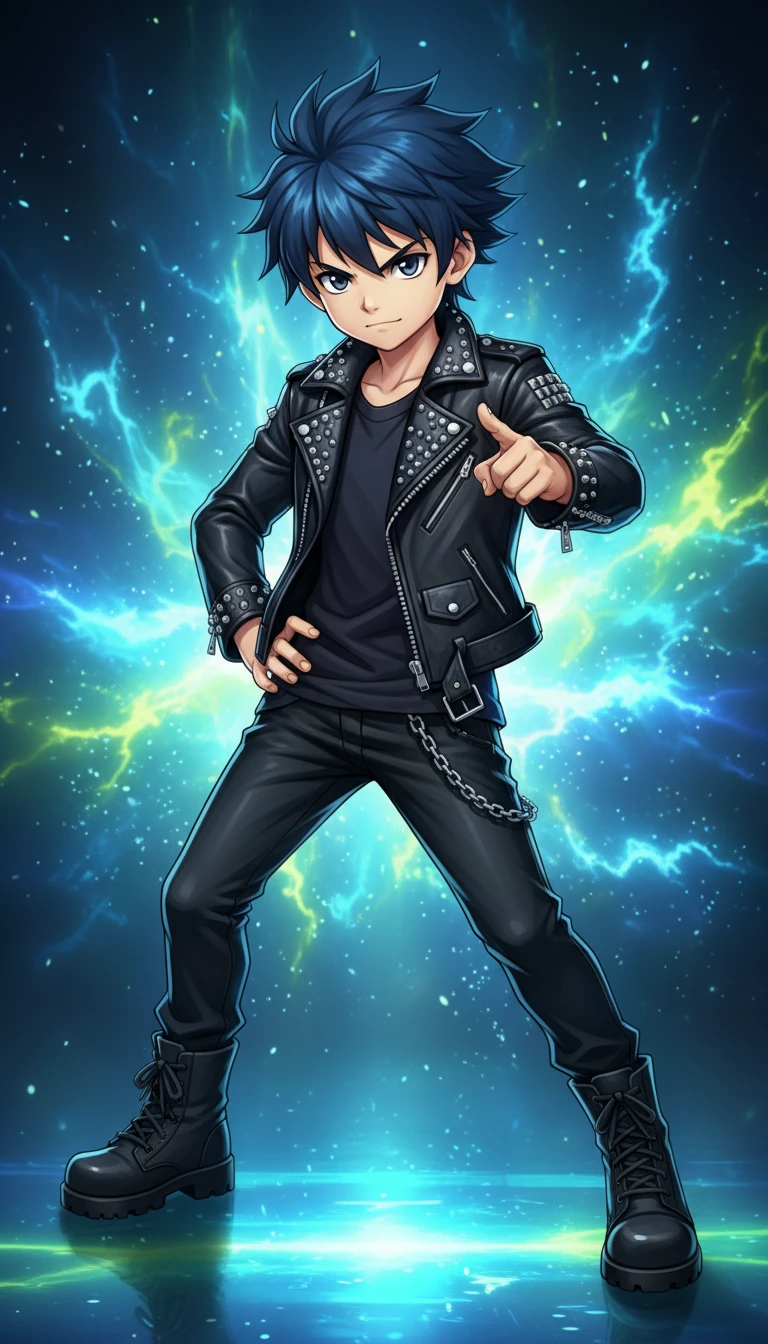 Confident anime boy in black leather jacket posing boldly