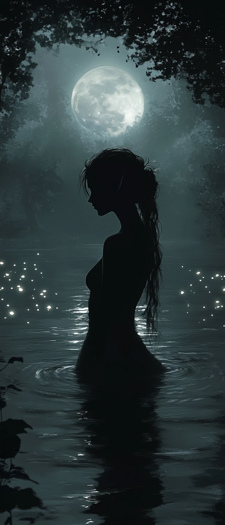 Fanciulla elfica in un lago al chiaro di luna circondata da lucciole
