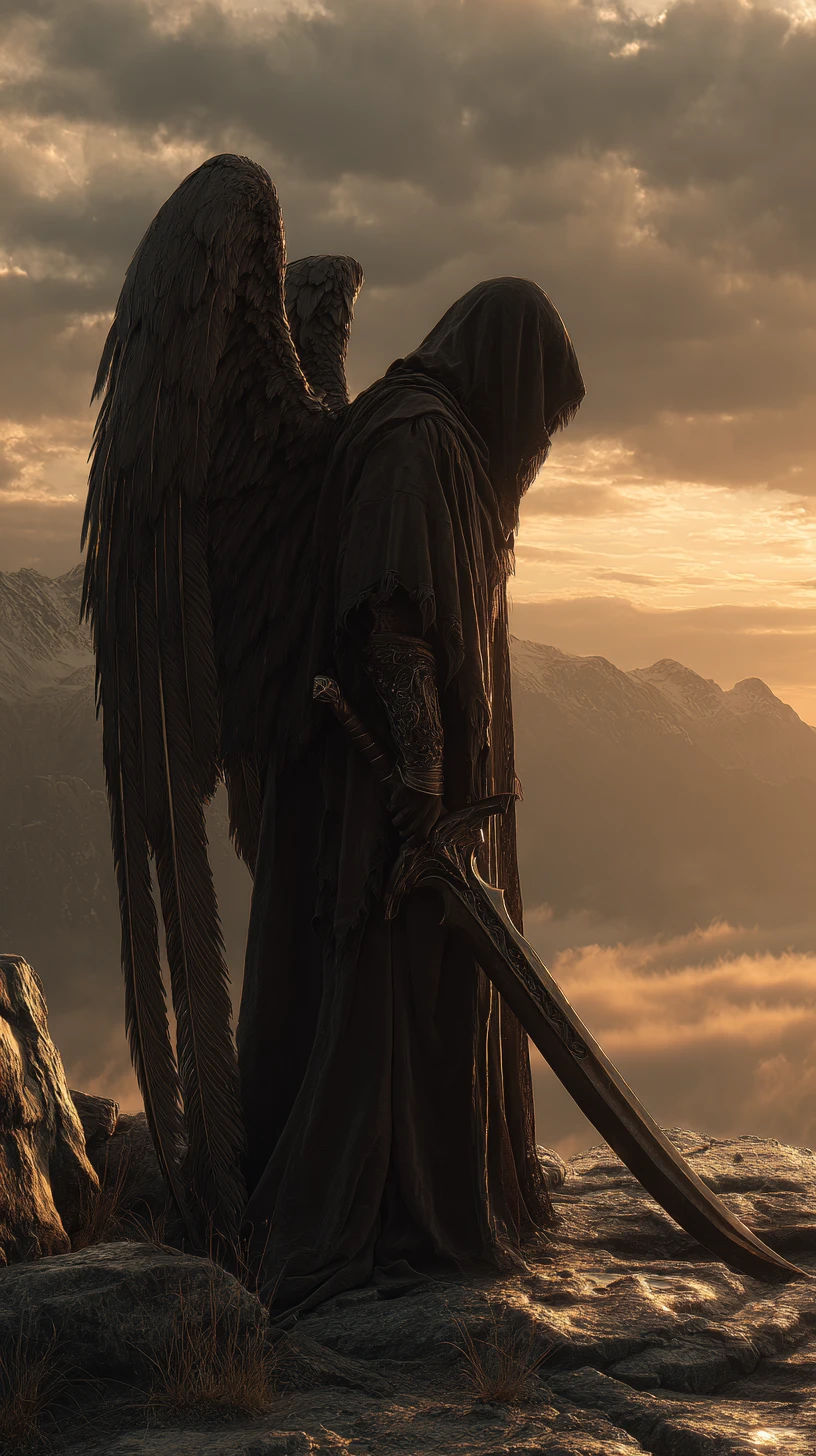 Hooded angel with sword on a misty mountain cliff at sunset