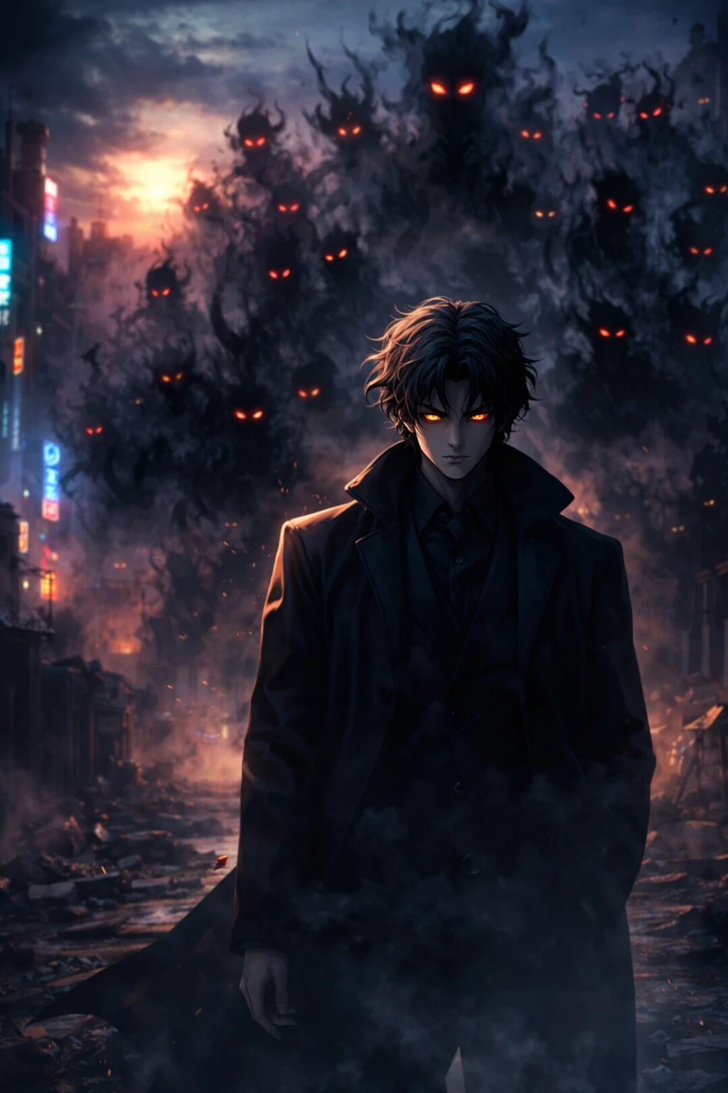 Lone man in a ruined city facing a rising shadow army
