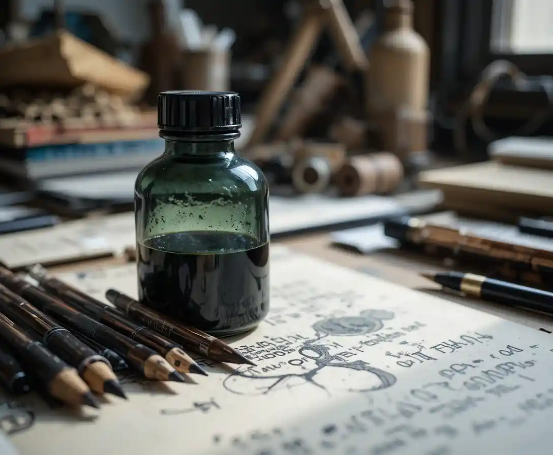 Botella de tinta vacía y bolígrafos secos sobre un escritorio desordenado