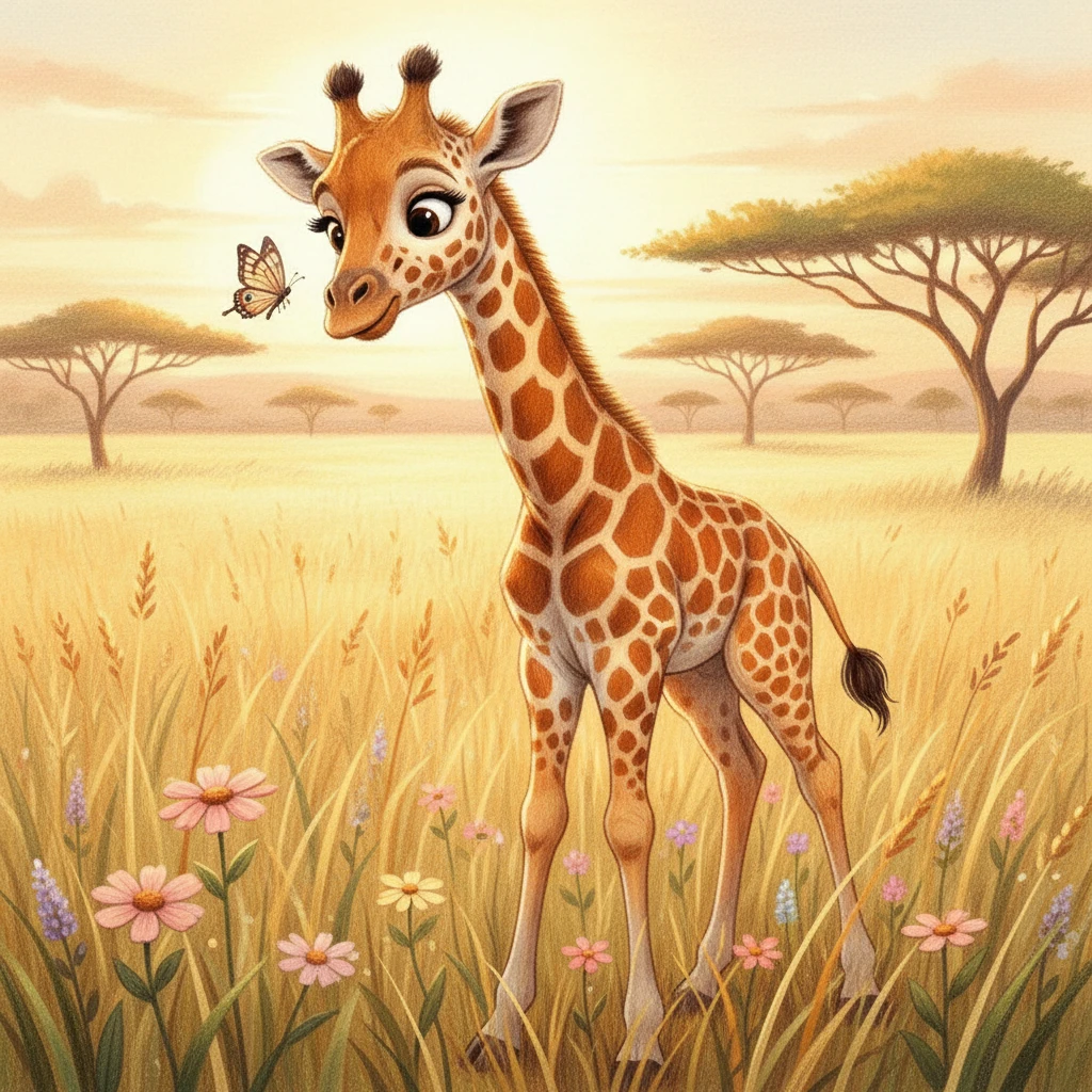 Baby giraffe watching a butterfly in golden savanna light