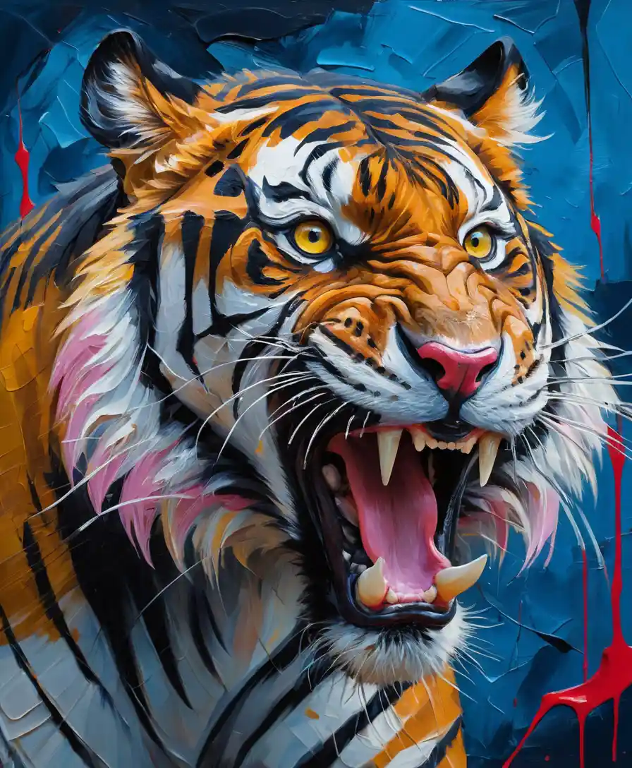 Tigre noir féroce bondissant sur un fond bleu abstrait et vif