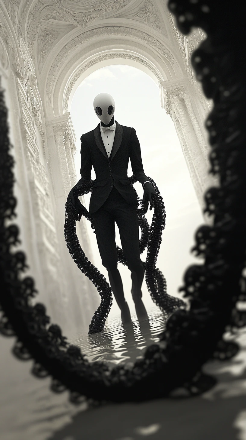 Surreal elongated figure emerging from a twisted mirror realm