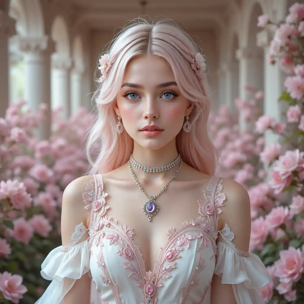 Pink haired girl in a floral dress in garden