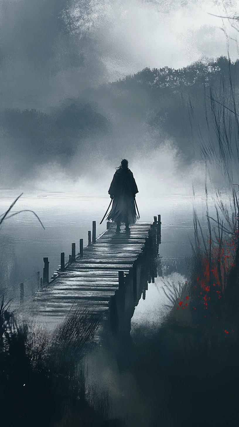 Samurai solitário cruzando uma ponte de madeira enevoada