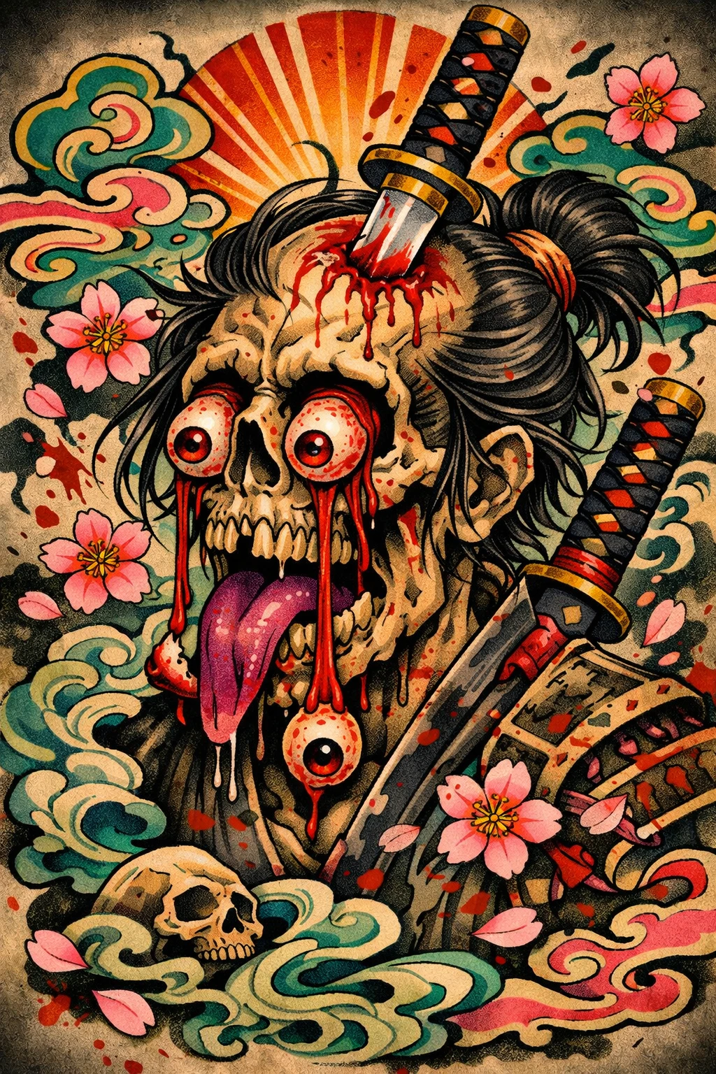 Arte de tatuagem macabra de um rōnin morto com adaga e língua para fora