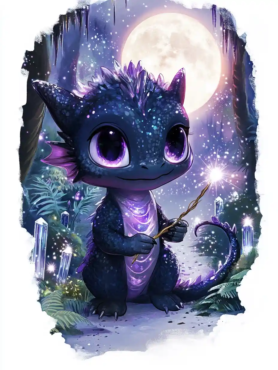 Niedlicher Chibi-Baby-Drachenzauberer in einem magischen Wald