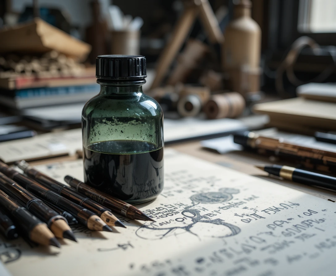 Botella de tinta vacía y bolígrafos secos sobre un escritorio desordenado