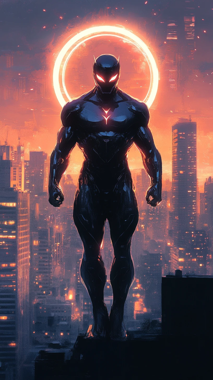 Super‑herói futurista em traje metálico sobre paisagem urbana iluminada