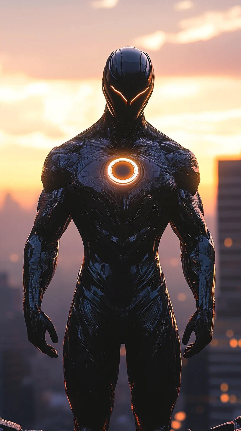 Super-herói futurista em traje metálico sobre o horizonte luminoso da cidade
