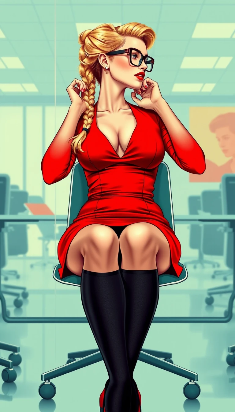 Blonde office girl in red dress and glasses posing confidently