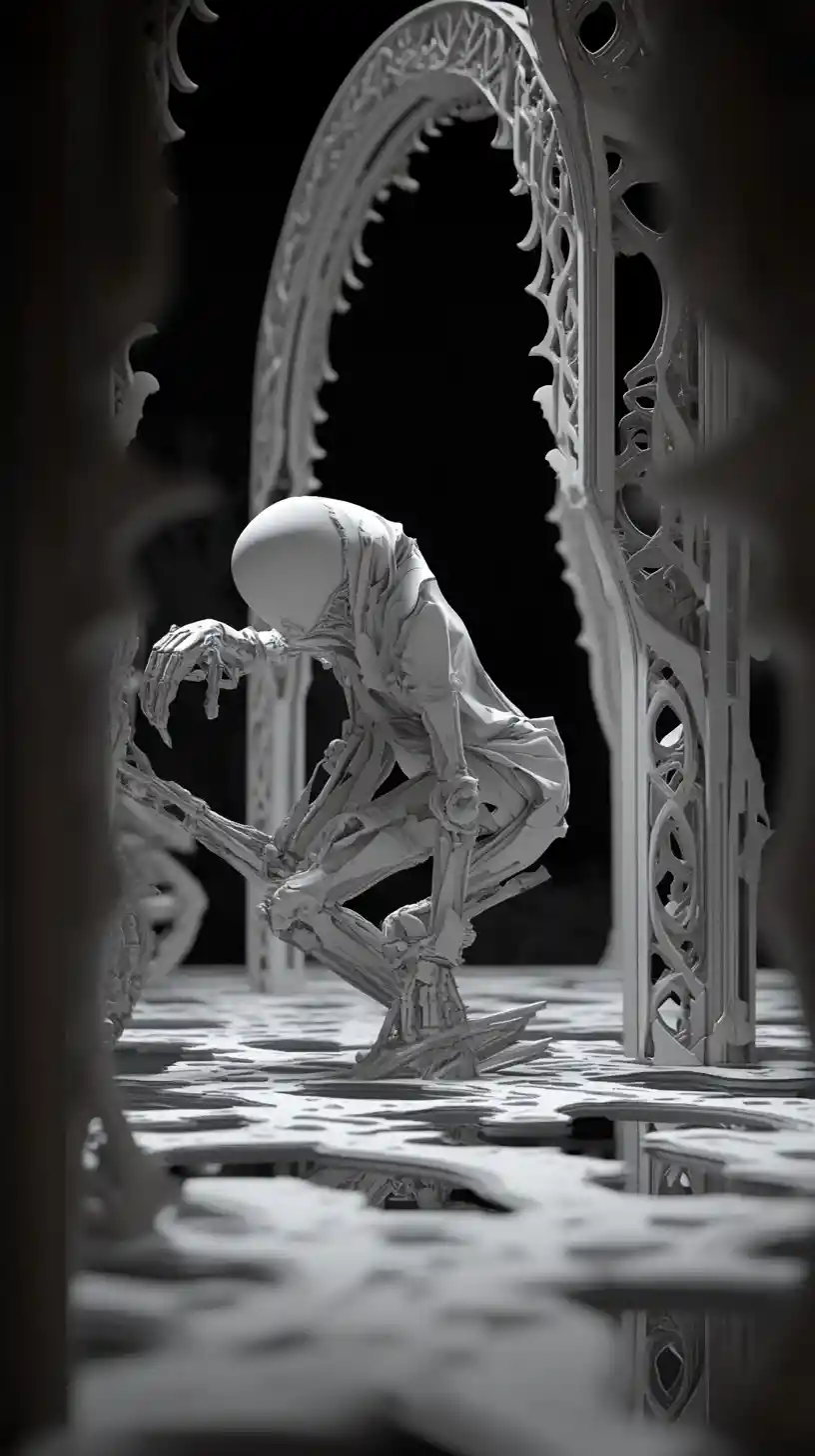 Surreal elongated figure emerging from a twisted mirror realm