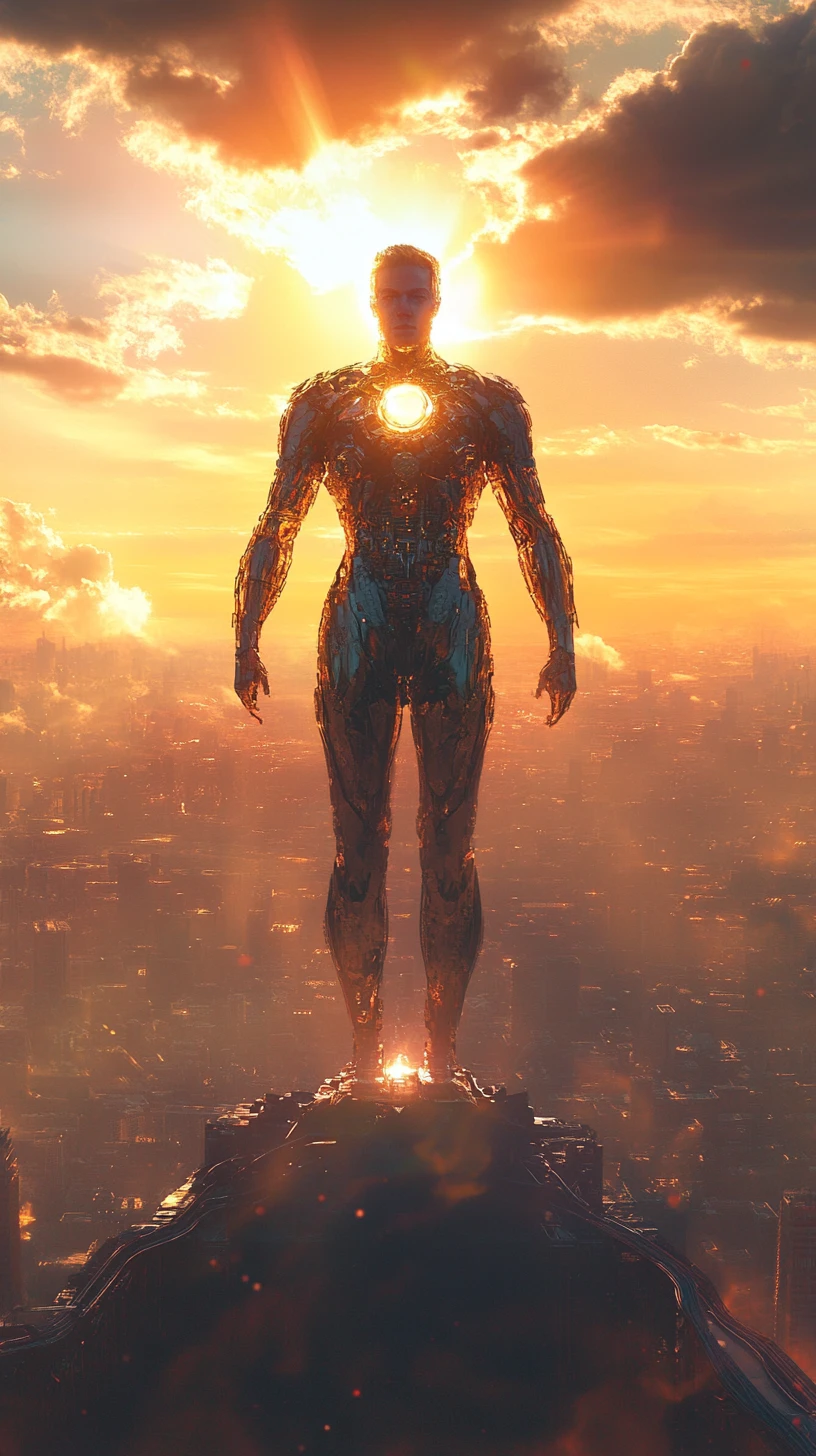 Super-herói futurista em traje metálico sobre cidade iluminada ao pôr do sol