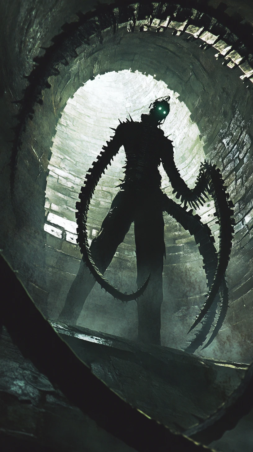 Elongated surreal figure emerging from a twisted mirrored realm